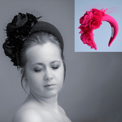 Hot pink fascinator headband for wedding guests inspired by Kate Middleton floral headpiece with birdcage veil