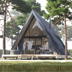 modern a frame cabin, farm house, architectural plans, 24ft by 35ft, 850 sq. ft. tiny house