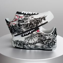 custom sneakers AF1 white black luxury inspire buty casual shoe handpainted personalized gifts design Japan wearable art