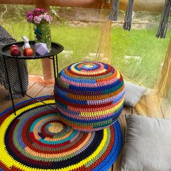 Unique multicolor pouf ottoman Outdoor ottoman crochet Round pouffe Outdoor multicolored pouf footstool