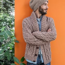Jacket Cardigan cable aran with buttons for men with shawl collar
