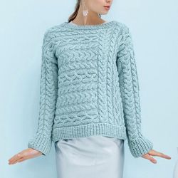 Light turquoise women's sweater merino cable aran