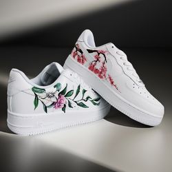 custom shoes unisex white black luxury inspire casual sneakers handpainted personalized gifts flowers wearable art AF1
