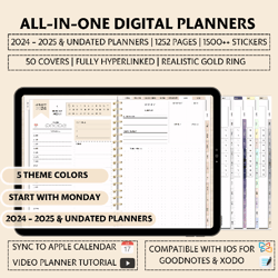 Digital Planner 2024 – 2025 & Undated Digital Planners, 5 Theme Colors – Boho, Pastel, Industrial, Original, Gothic