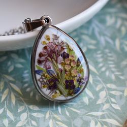 Drop pendant real flowers. Dried flower necklace. Flowers in resin.