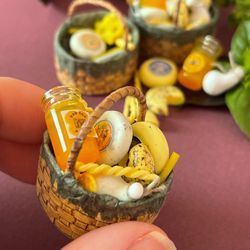Miniature basket with cheese and honey in 1:12 scale