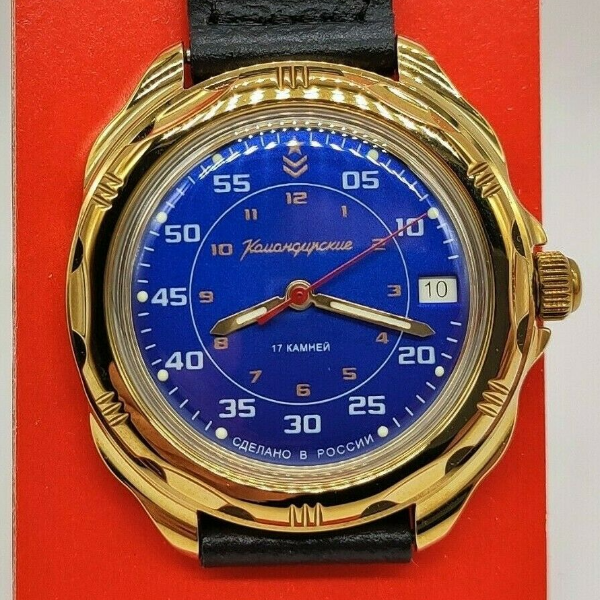 Gold-mechanical-watch-Vostok-Komandirskie-blue-dial-219181-1