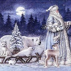 Cross stitch animal bear Santa Claus sleigh snow scene painting
