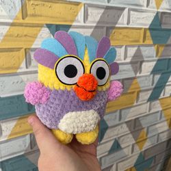 Handmade crochet toy chattermax, 7 inches tall, bright and colorful owl. Soft and perfect for kids. Great gift option.