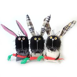 Handcrafted Quirky and Unique Fabric Art Bunnies: One-of-a-Kind Fun Delightful Interior Decor Toys with a Spooky Twist.