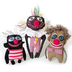 Handmade Artistic Clowns, Stuffed Funny Interior Fabric Toys, One-of-a-Kind Unique Voodoo Dolls, Delightful Decor Toys.