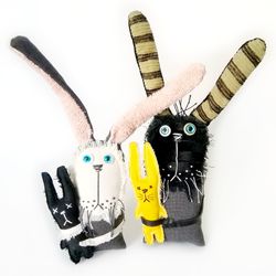 Handmade Funny and Unique Fabric Art Doll Bunnies: One-of-a-Kind Fun Delightful Interior Decor Toys with a Spooky Twist
