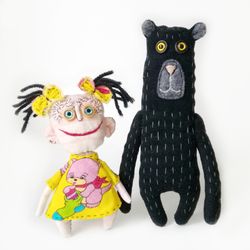 Artistic Handmade Dolls: Girl and Bear, Spooky Funny Fabric Interior Toys: One-of-a-Kind Unique Dolls, Weird and Ugly.
