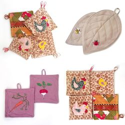 Handmade Quilted Pot Holder Set with Embroidered Potholders and Oven Mitts - Kitchen Accessories for Cooking Enthusiasts