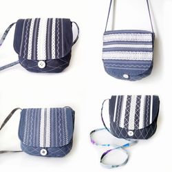 Handmade Quilted Women's Blue Fabric Crossbody Bag with Lace and Decorative Stitching - Small, Unique and Stylish!