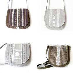 Handmade Quilted Fabric Crossbody Purses with Lace and Decorative Stitching in Grey and Khaki Colors - Small and Stylish
