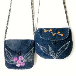 Boho Chic Mini Denim Crossbody Bags: Handmade Embroidered Shoulder Purses for Women, Floral Accents, Unique and Stylish!