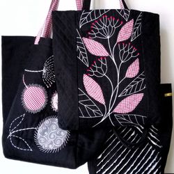 Handmade Black Tote Bags for Women: Large Fabric Unique Embroidered Boho Style Bags - Design and Quality Craftsmanship!