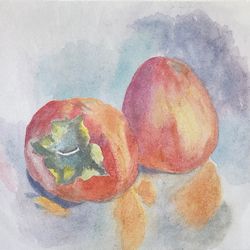 Persimmon original watercolour painting wall art fruit modern painting hand painted paper size 7x9 inches