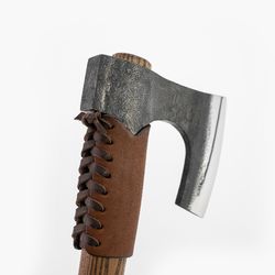 Hand Forged Viking Bearded Axe with Hammer, High Carbon Steel, Leather Case, Carved Handle