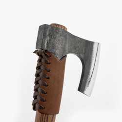 hand forged viking bearded axe with hammer, high carbon steel, leather case, carved handle