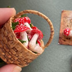 Miniature basket with fly agarics on a scale of 1:12