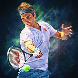 Roger Federer plays forehand. Digital artwork print wall poster illustration. Tennis fan art gift.