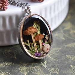 Mushrooms pendant. Forest pendant. Dried mushroom jewelry.