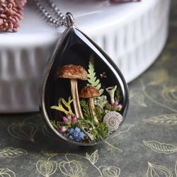 Pendant with real mushrooms. Forest pendant. Dried mushroom jewelry.