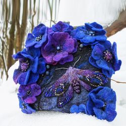 Crossbody Felt Bag - Moth in Blue Flowers