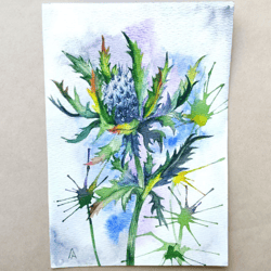 Thistle painting original watercolor art plant blue flower artwork
