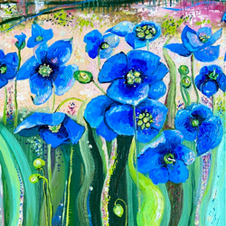 Blue anemones - oil painting on linen canvas of 40*60 cm.