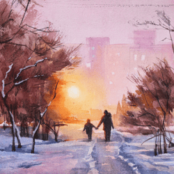 Winter snowy evening cityscape original watercolor