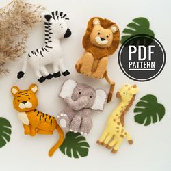 Safari Felt Animals Sewing Patterns PDF and Tutorials, Jungle Felt Toys, Stuffed Animal Patterns, Felt Ornaments