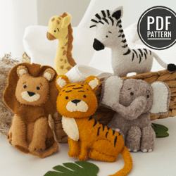 Jungle Animals Sewing Patterns PDF and Tutorials, Felt Pattern, Safari Felt Toys, Stuffed Animals, Felt Ornaments