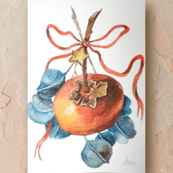 Persimmon eucalypt painting original watercolor art fruit plant artwork