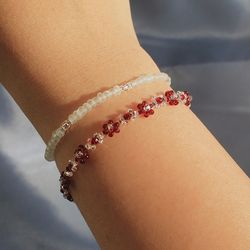 Dark red flower bracelets Red and silver dainty jewellery Handmade braided bracelets set Original gift for her Jewellery