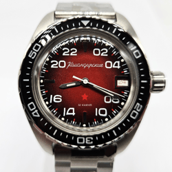Brand New men's mechanical automatic watch Vostok Komandirskie 2431 24h 24 hour scale dial Polar Black & Red 02039A