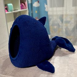 Handmade whale-shaped cat house, a cozy shelter and bed for your feline friend.