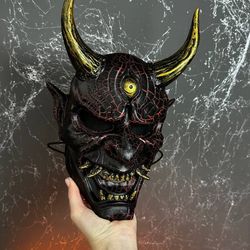 Japanese DBD Oni Mask wearable, Red and Black Big Horns devil mask cosplay DBD, red Demon mask, Yokai mask
