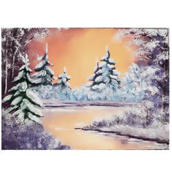 Winter landscape with gouache paints on cotton canvas. A small painting.