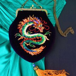 Luxury Chinese Dragon Embroidery Velvet Vintage Mini Bag