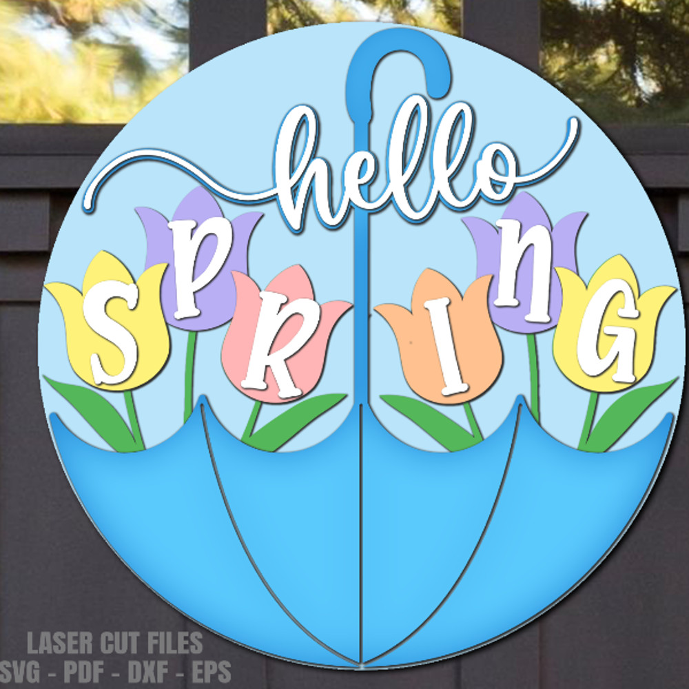 Hello Spring Door Hanger SVG Laser Cut Files Umbrella SVG Tulip SVG Spring Welcome Sign SVG Glowforge Files 5 DXF.png