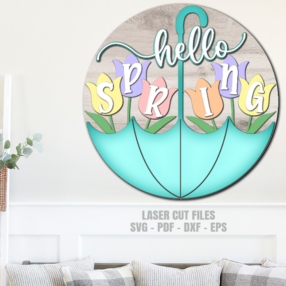 Hello Spring Door Hanger SVG Laser Cut Files Umbrella SVG Tulip SVG Spring Welcome Sign SVG Glowforge Files 3.png