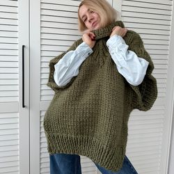 Turtle Rolled Neck Vest, Oversized poncho style gilet, Fluffy handmade sleeveless sweater, Hand knit sweater, Green wool