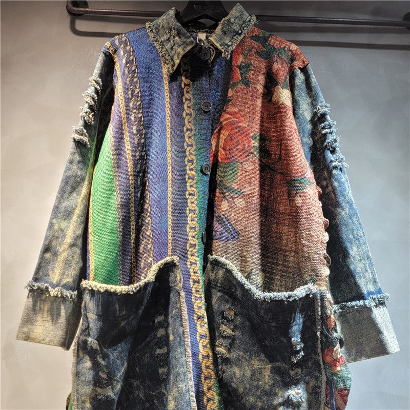Womens Color Stripe Print Patchwork Denim Lapel Cardigan Side Tie Midlength Coat 2