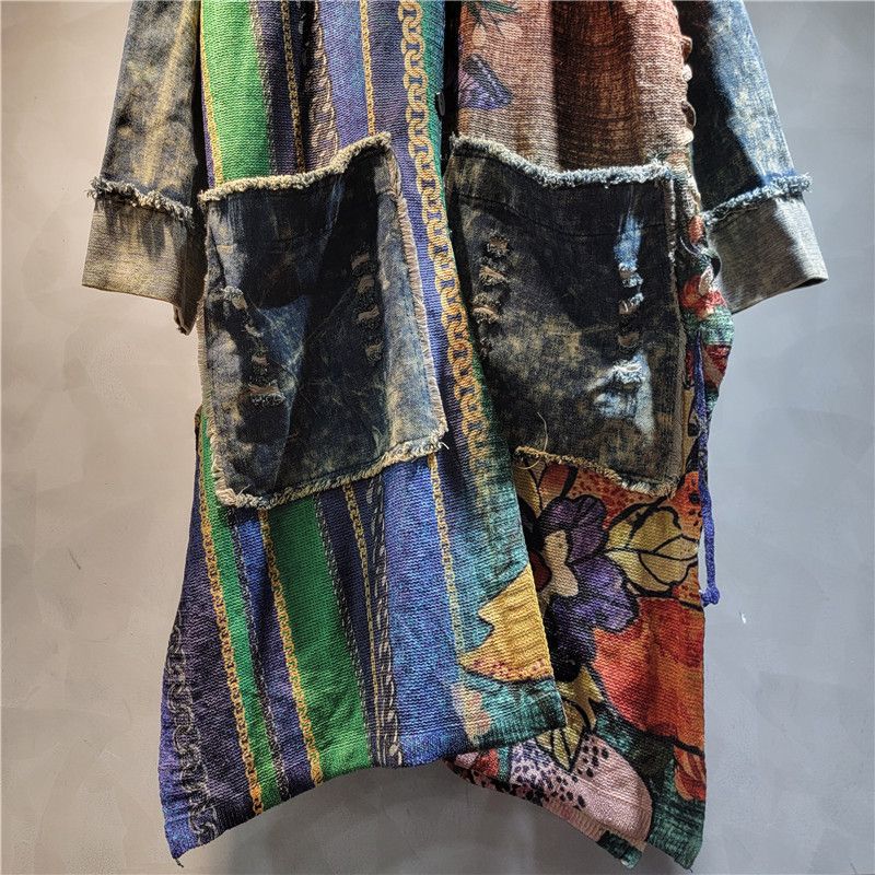 Womens Color Stripe Print Patchwork Denim Lapel Cardigan Side Tie Midlength Coat 3