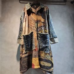 fashionable and versatile colorful printed patchwork denim lapel cardigan with side ties mid-length coat for women