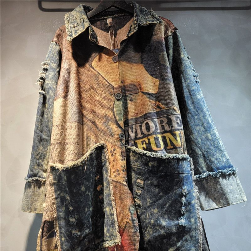 Fashionable And Versatile Colorful Printed Patchwork Denim Lapel Cardigan With Side Ties Midlength 1