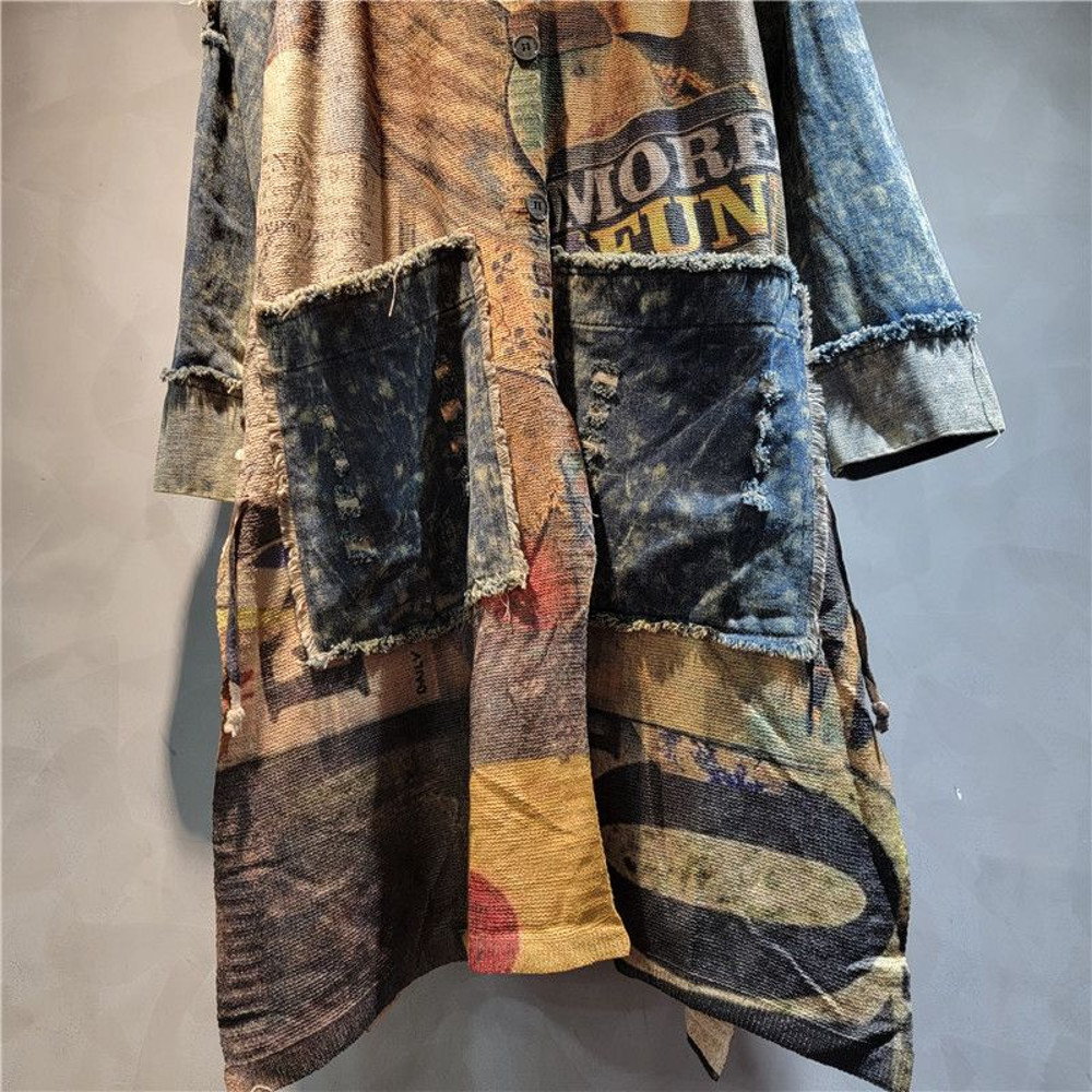 Fashionable And Versatile Colorful Printed Patchwork Denim Lapel Cardigan With Side Ties Midlength 2